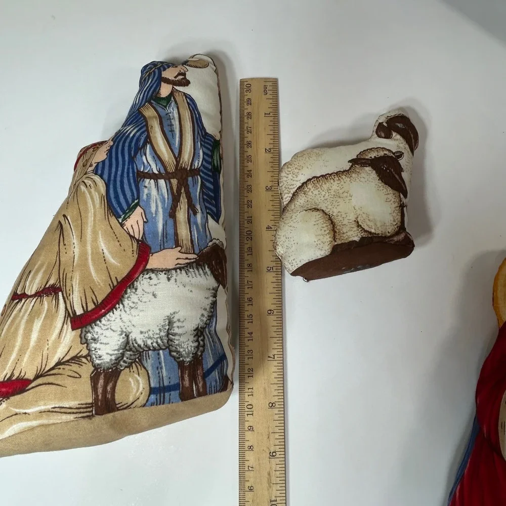 Vintage Soft Fabric Nativity Set 9pc Plush Manger Scene Stable Backdrop Glitter